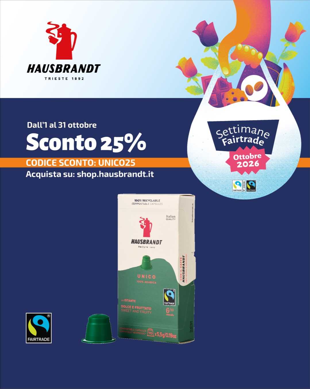Hausbrandt - Sconto 25% dall'1 al 31 ottobre con il codice UNICO25 su shop.hausbrandt.it