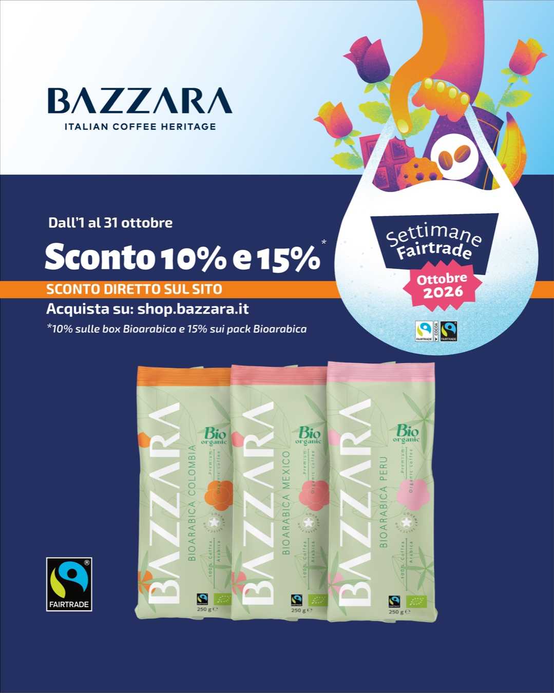 Bazzara - Sconto 10% sulle box Bioarabica e 15% sui pack Bioarabica dall'1 al 31 ottobre, sconto diretto su shop.bazzara.it