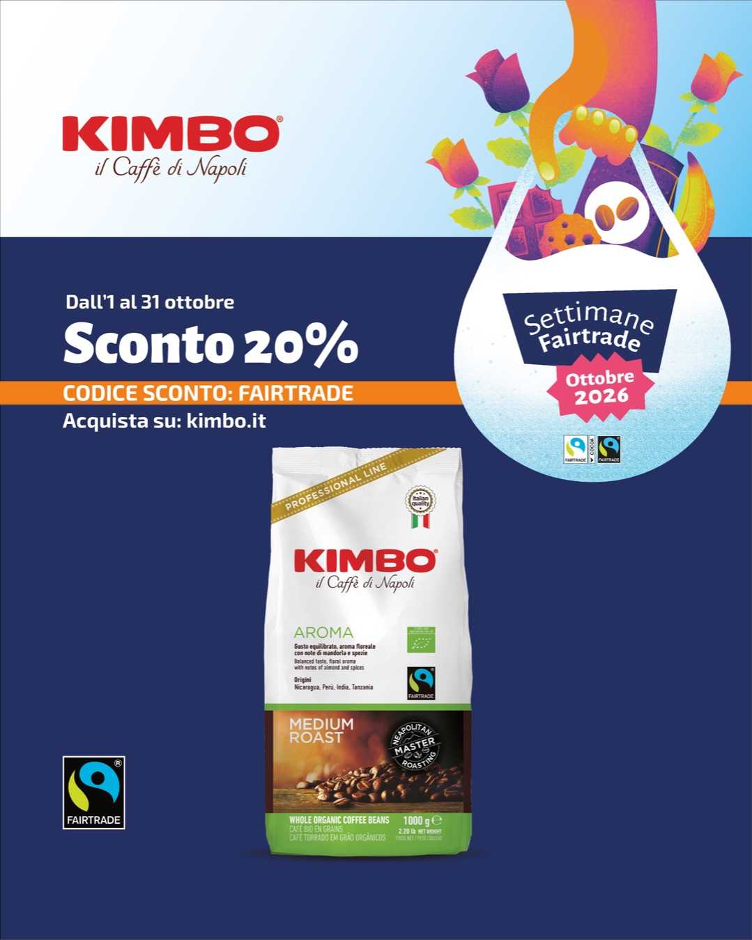 Kimbo - Sconto 20% dall'1 al 31 ottobre con il codice FAIRTRADE su kimbo.it